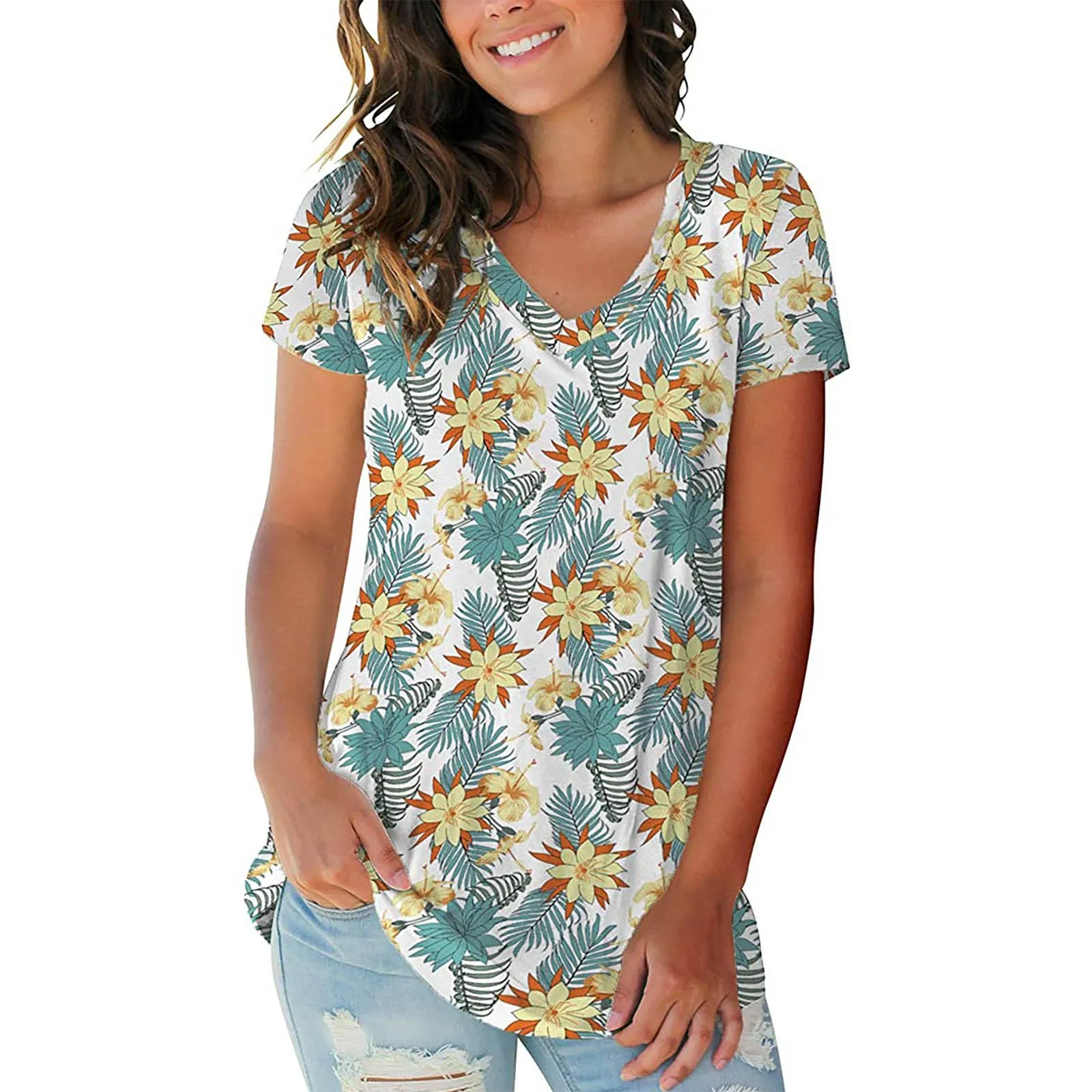 

Women's Basic V Neck Short Sleeve Floral T Shirts Summer Casual Tops