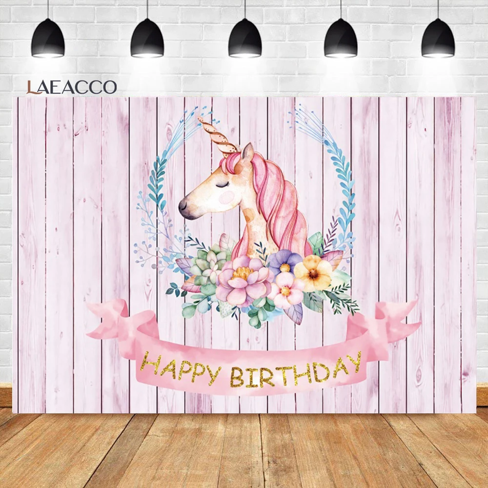

Laeacco Pink Wood Board Floral Unicorn Birthday Photo Backdrop Girls Kids Birthday Customized Portrait Photography Background