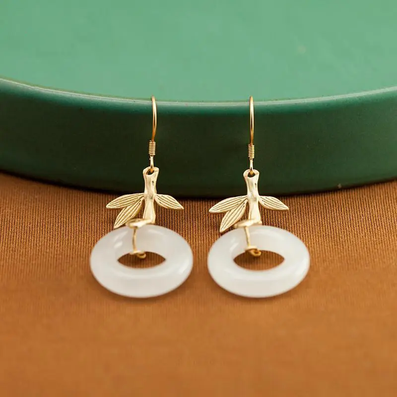 

[Jade Bamboo] Hetian White Jade Earrings Women's Sterling Silver Small Super Fairy New Chinese Style National Style Peace Buckle