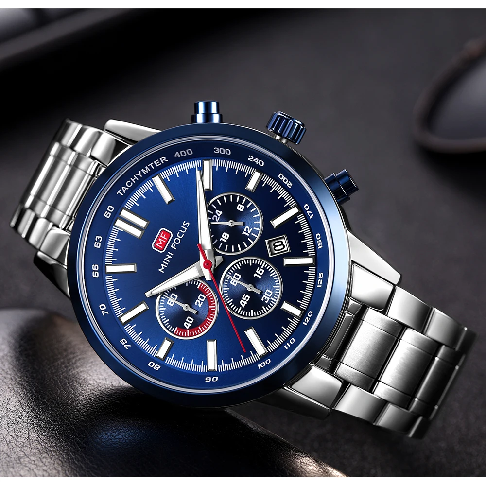 

MINI FOCUS Watch Men Fashion Quartz Wristwatch Multifunction Calendar Chronograph Top Luxury Stainless Steel Male Sports Clock