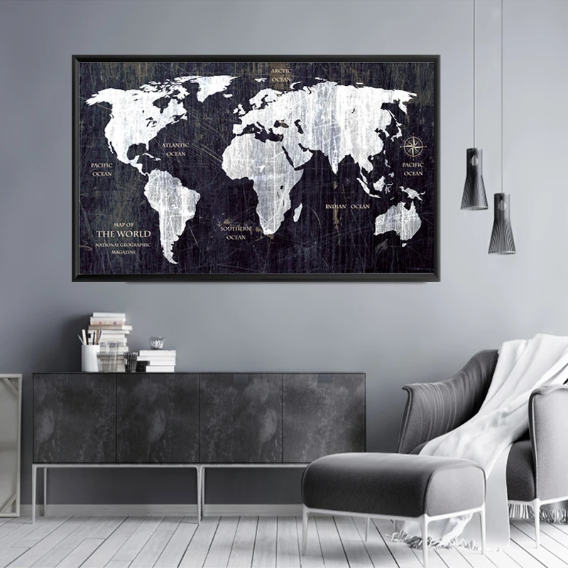 Vintage HD WORLD MAP Canvas Painting Printing Poster Wall Pictures For Living Room Black Map Decorative Art Home decor