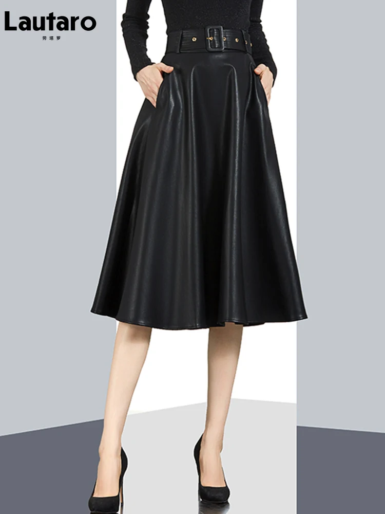 

Lautaro Autumn High Waisted Black Soft Knee Length Pu Leather Skirt Women Belt A Line Long Skirts Korean Fashion Clothing 2021