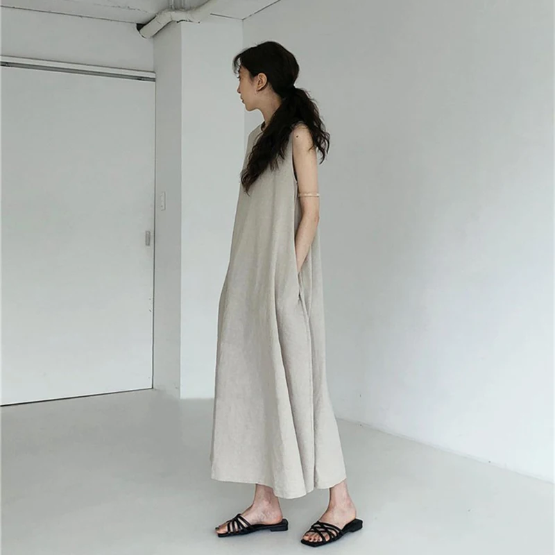

women loose dress elegant sleeveless cotton long dress 1751#