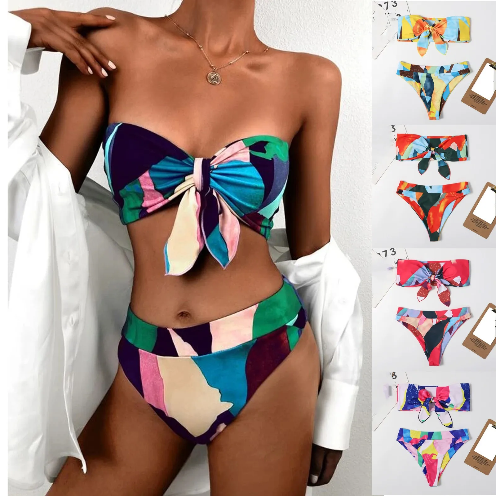 

Push Up Bikini Set Patchwork Swimsuits Ruched Swimwear Women Sexy Bikini Biquini Strap Color Print Beach Wear Summer Plus Size