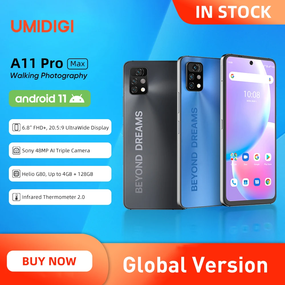 

UMIDIGI A11 Pro Max 6,8 "FHD дисплей смартфон Helio G80 мобильный телефон 4 ГБ 128 ГБ мобильные телефоны 48MP AI Тройная камера глобальная версия