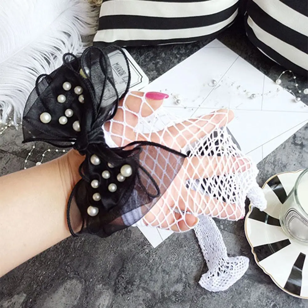 Модные женские носки в сеточку с кружевным бантом и жемчугом Повседневные