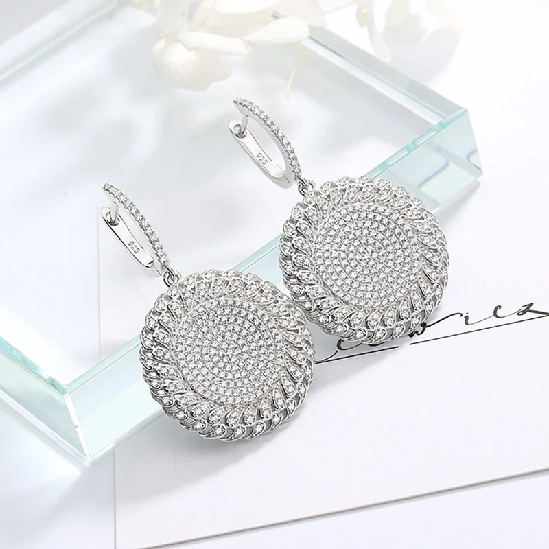 

High Quality AAAAAAA Cubic Zircon Round Dangle 925 Sterling Silver Earrings For Women Statement Korean Wedding Gifts Wholesale