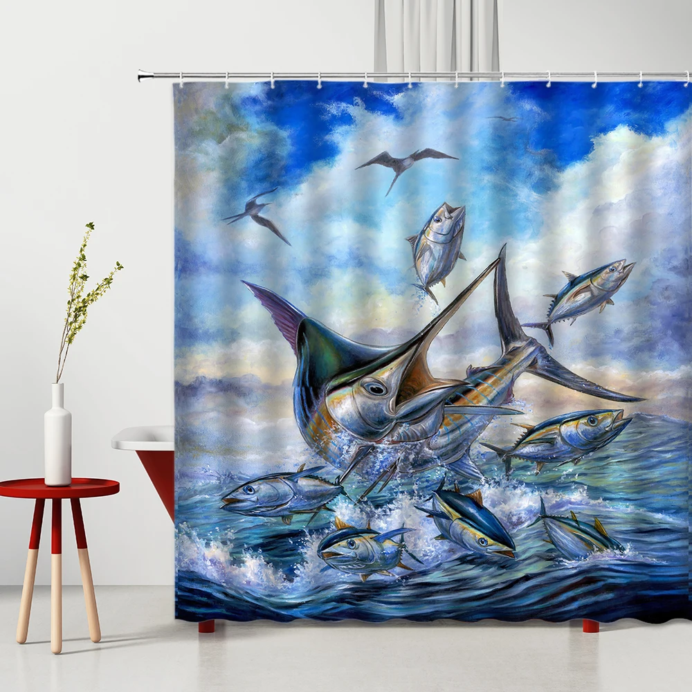

Shower Curtain Set Fish Group Ocean Blue Sky Sunlight Bird Wild Goose Hippocampus Starfish 3D Print Bathroom Curtains With Hooks