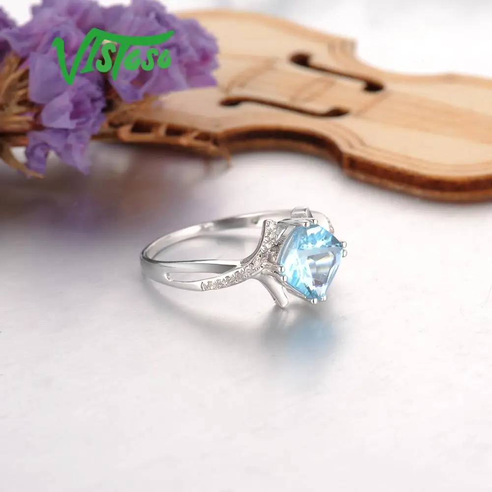 VISTOSO золотые кольца для женщин Подлинная 14K 585 кольцо из белого золота сверкающие бриллианты Небесно-Голубой Топаз Свадьба юбилей ювелирные украшения