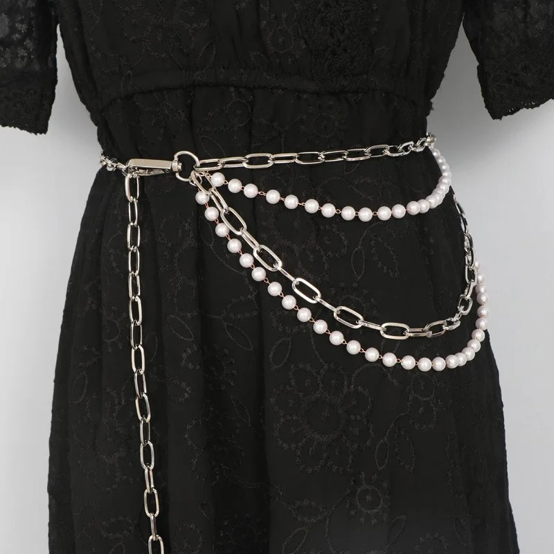 Ryfix 2021 new fashion elegant women's multi-layer woven waist chain cool metal pearl chain belt BG2169