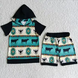 Baby Boys' Clothing Set Bull Print Patchwork Hoodie Top And Print Shorts