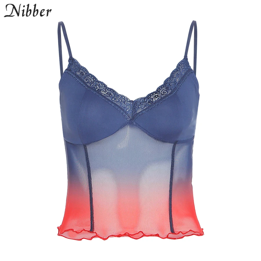 

Nibber street Vintage Woman Lace Y2k Top Sexy See-Through Vest Sling Crop Tops Sleeveless Club 2021 Summer Mesh Tank Top Female