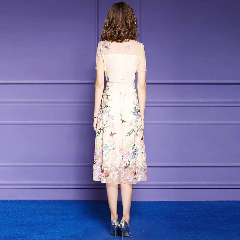 

Summer New Arrivals Runway Fashion Designers Women Short Sleeve Luxury Floral Embroidery Mesh Party Dress Sexy Female Vestidos