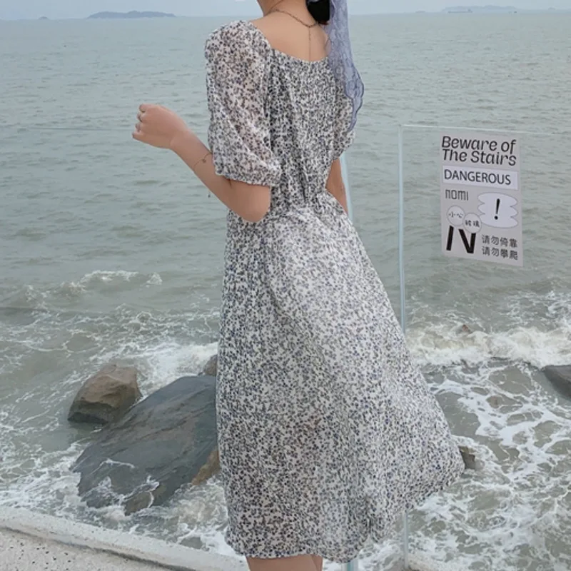 

2021 Summer Korean Elegant Office Lady Floral Printed Chiffon Dresses Vintage Short Sleeve Strappy Dress Midi Vestido De Mujer