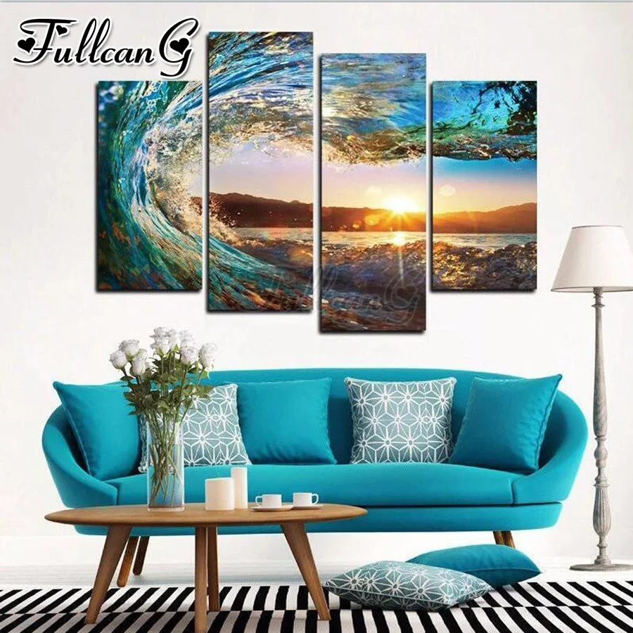 

FULLCANG Sunset ocean wave landscape 4 piece diy diamond painting full square round drill 5d mosaic embroidery sale FC3402