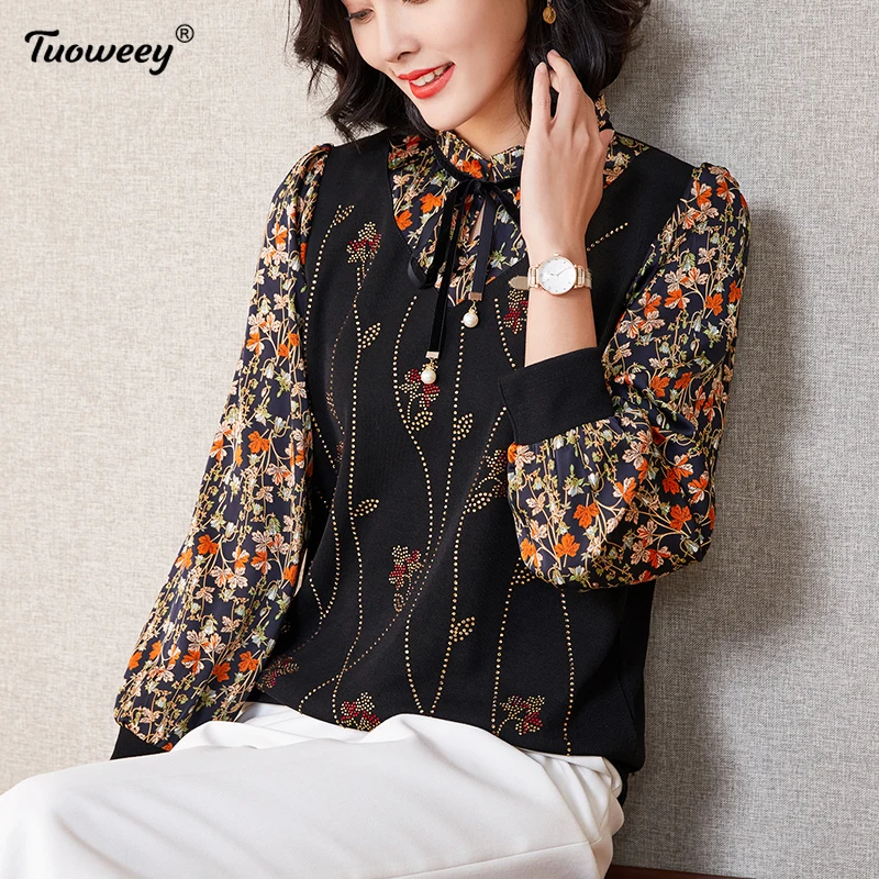 plus size Office patchwork Women Blouse Tops Casual Spring Long Sleeve blue Blouses Elegant chiffon Blusa Female OL Work Shirt