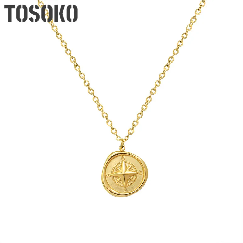 

TOSOKO Stainless Steel Jewelry Irregular Round Brand Compass Pendant Necklace 18 K Gold Women's Fashion Clavicle Chain BSP390