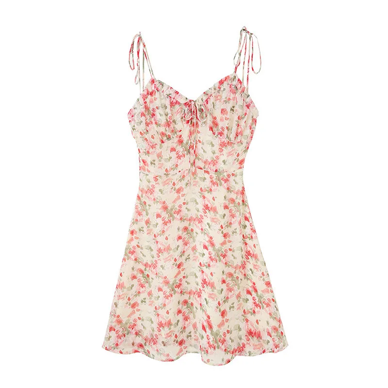 

Summer Pink Chiffon Suspender Fragmentary Flower Dress Shows Thin Temperament At Waistand V-neck Fairy French Platycodon dress