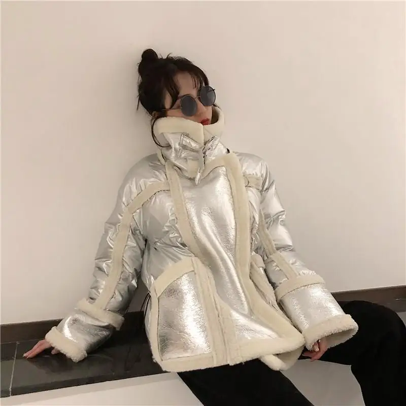 Зима 2019 высокое качество воротник с лацканами длинный рукав серебряное пальто