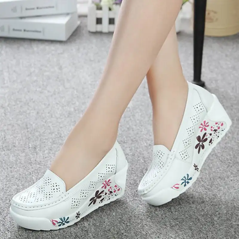 

New Women's Genuine Leather Platform Shoes Wedges White Lady Casual Shoes Swing mother Shoes Size 35-40