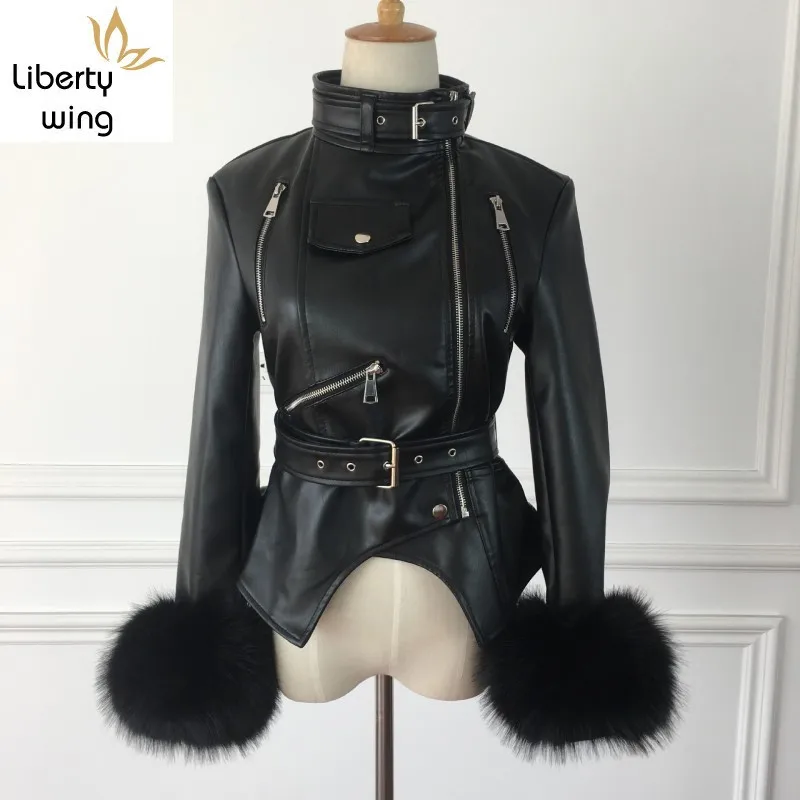 

Winter Thick Fleece Linning Womens Faux Leather Jackets Asymmetrecal Stand Collar Fake Fox Cuff Sashes Slim Female Short Coats