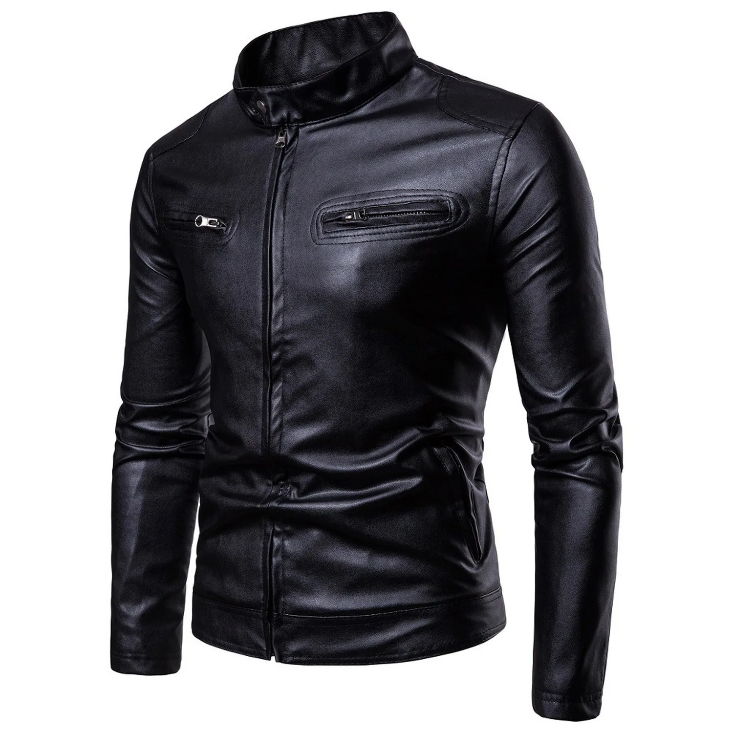 

Leather Jackets Men Vogue Stand Collar Black Jackets Winter Zipper Patchwork Casual Faux Leather Coats Long Sleeve PU Fur