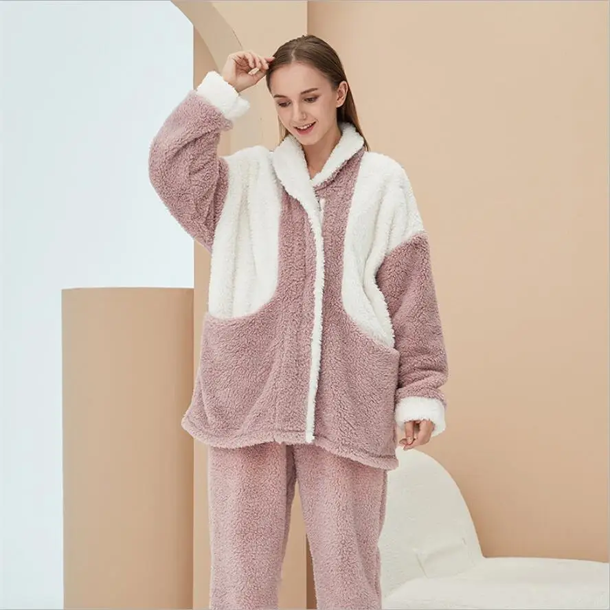 

2021 Winter Flannel Pajamas Sets 2 Pcs Long Sleeved Trousers Loose Patchwork Home Clothes Yong Ladies Nightwear Robe