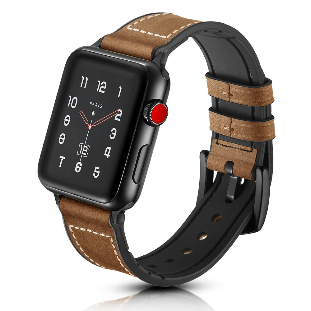 

Silicone with Leather Strap for Apple Watch SE 40mm 44mm 38mm 42mm Band Series 6 5 4 3 2 1 Wrist Belt for iWatch Bracelet