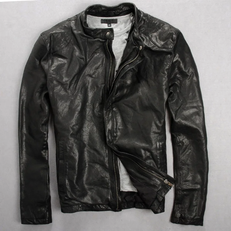 

2014, 100%, модная мужская мотоциклетная куртка из овечьей шкуры, черная облегающая куртка из козьей кожи растительного дубления, повседневная ...