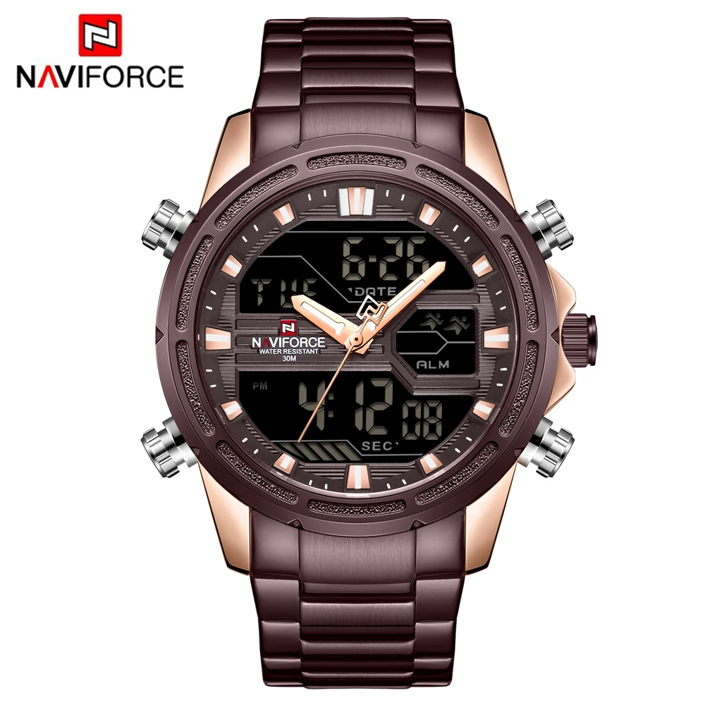 Coffee NAVIFORCE наручные мужские спортивные часы, мужские Кварцевые светодиодный цифровые часы, мужские полностью стальные водонепроницаемые наручные часы Relogio Masculino - Цвет: Coffee