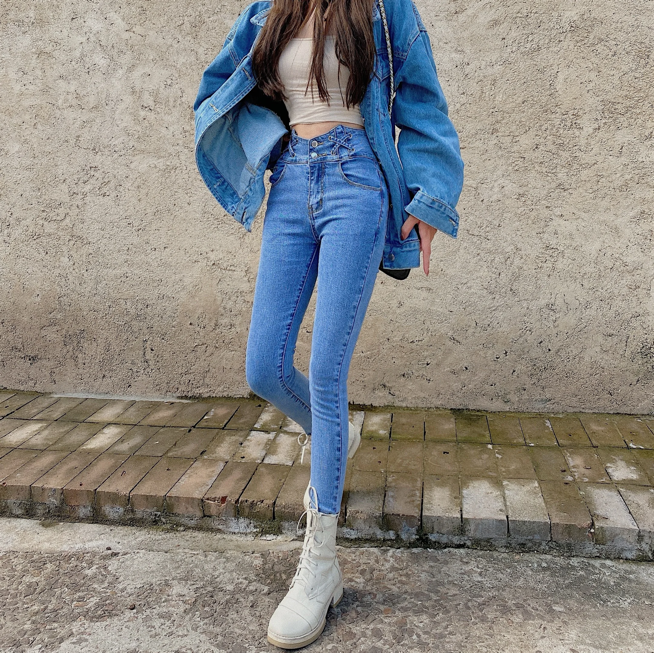 

Женские узкие джинсы с высокой талией, Модные узкие джинсы стрейч с высокой талией, весна 2021