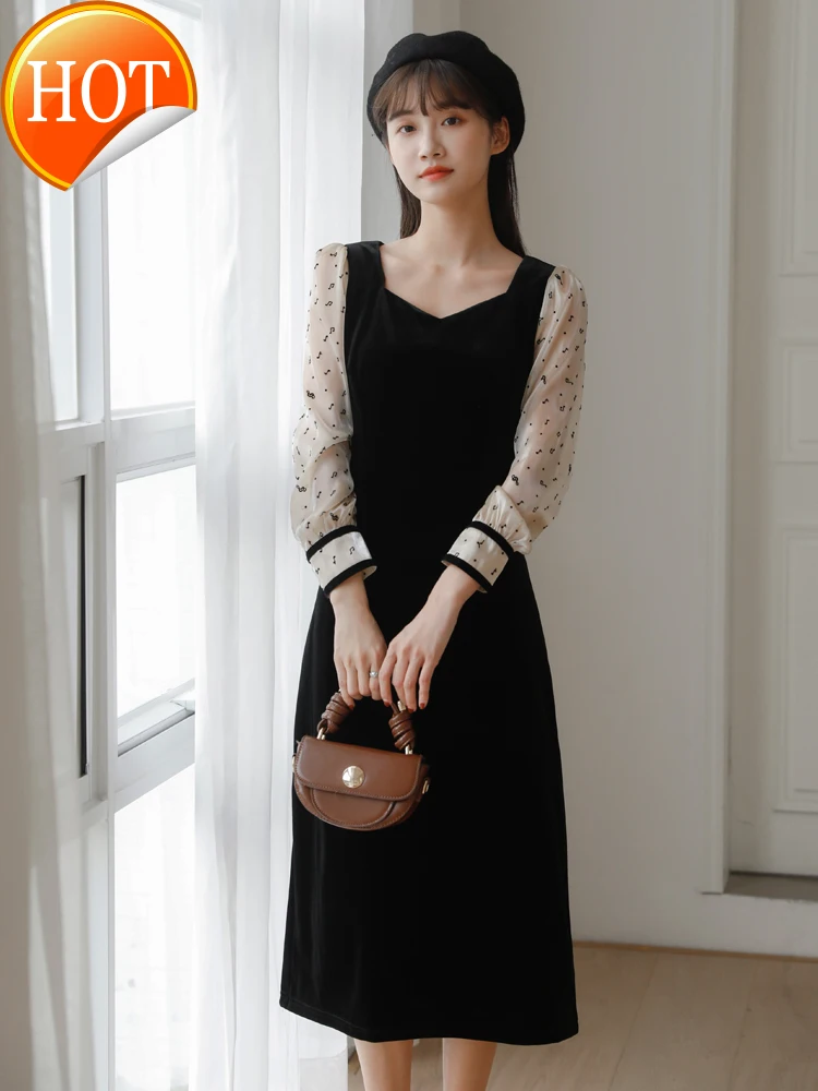 

Новинка 2021, роскошное французское длинное платье в благородном и зарубежном стиле, тонкое черное бархатное платье