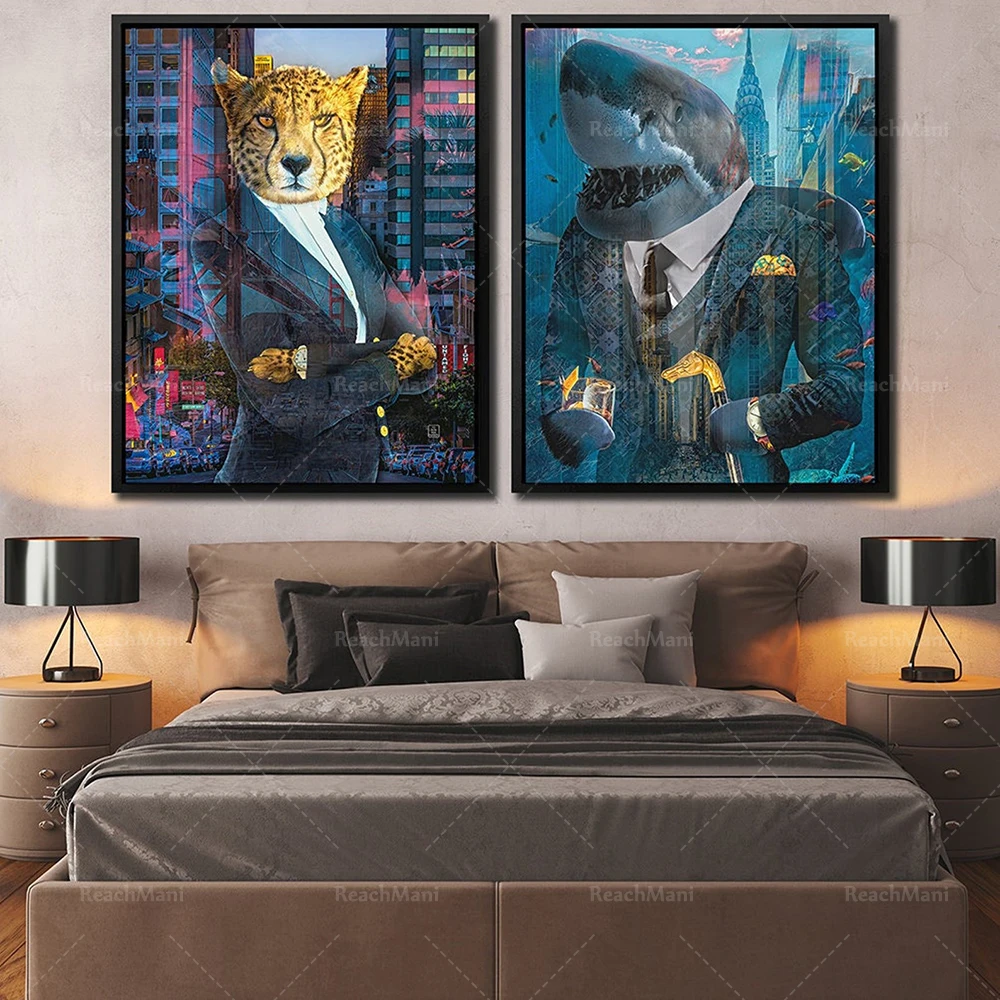 

Business gifts, stock market gifts, shark art, ferocious, cheetah animal stock market wall art decoration canvas print poster