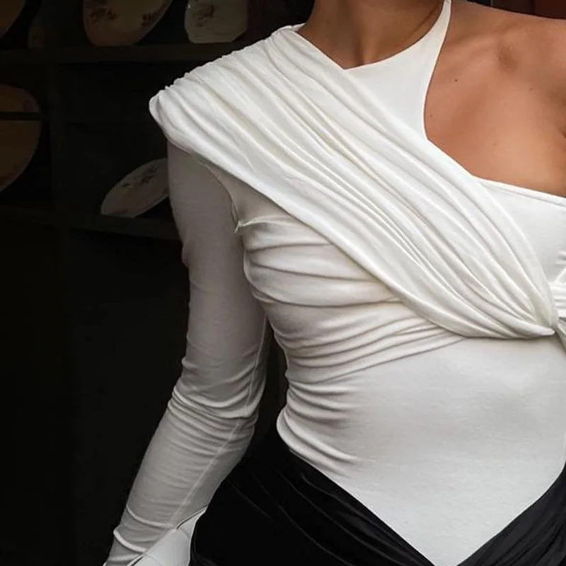 

One Shoulder Sexy Long Sleeve White Black Bodysuit Autumn Body Rompers Women Criss Cross Wrinkled Knot Bodycon Outfits G3115
