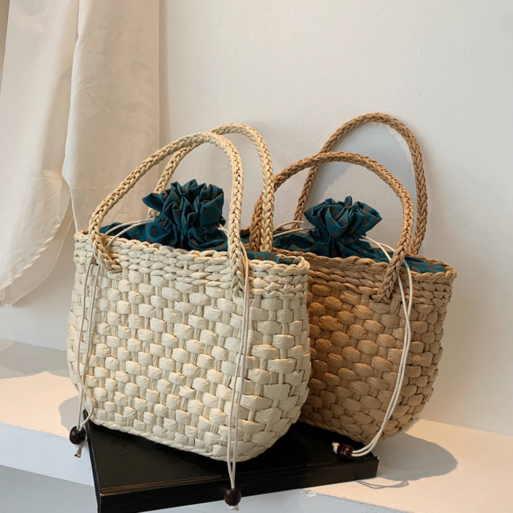 

Vintage Women Summer Straw Woven Small Tote Handbags Casual Ladies Beach Shoulder Bag Solid Color Top-handle Purse Shopping Bags