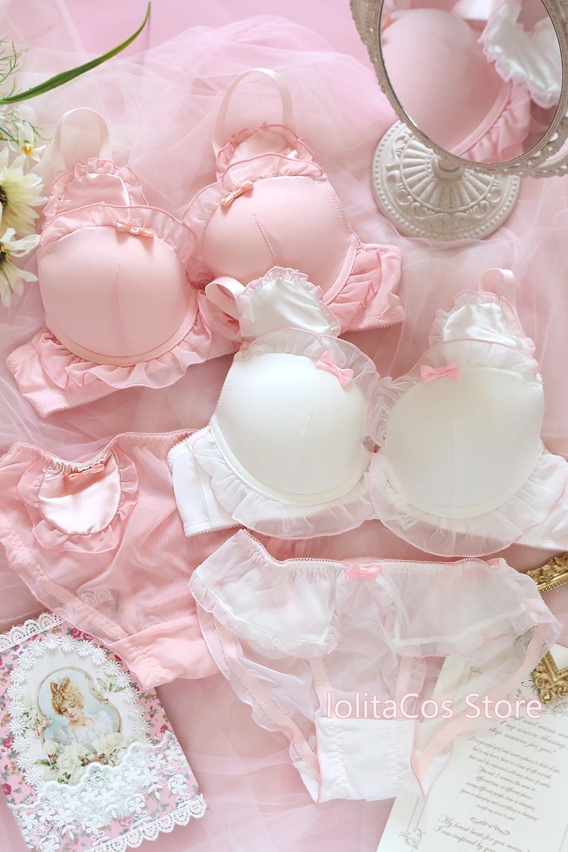 Sexy Cute Princess Bear Ear Underwear Set Japanese Soft Girl Kawaii Pink White Underwire Push Up Bra & Panties Lingerie Suit