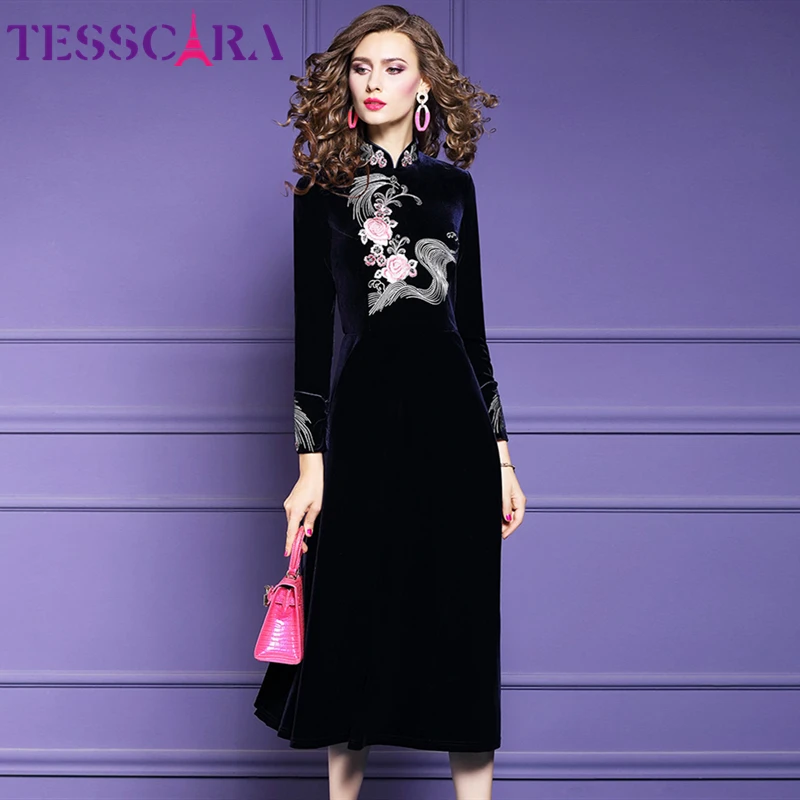 TESSCARA Женское зимнее элегантное бархатное платье с вышивкой высококачественное