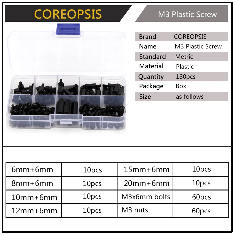 180 шт M3 черная заслонка пластиковая винтовая гайка Шестигранная Мужская Женская