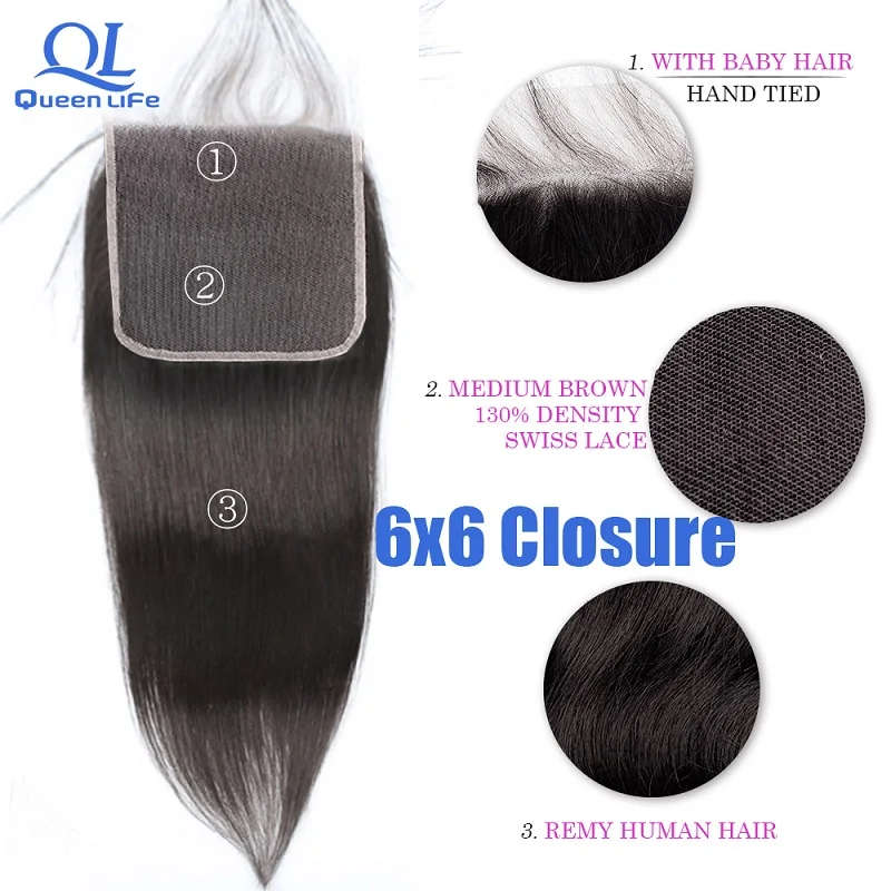 6x6 lace closure Queenlife бразильские прямые волосы пучок s с закрытием шелковистые Remy бразильские человеческие волосы 30 дюймов 4 пучка сделки с закрытием - Цвет: 6x6 lace closure