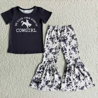 girls clothing monogrammed black t shirt and black white printed flared trousers wholesale