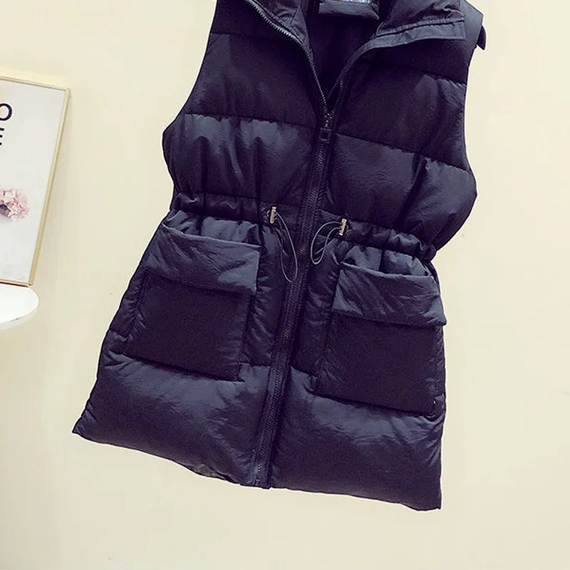 

Autumn Winter Women's Solid Loose Vest Stand Collar Mid-Long Vest Jacket Cotton Padded Women's Windproof Warm Waistcoat X399