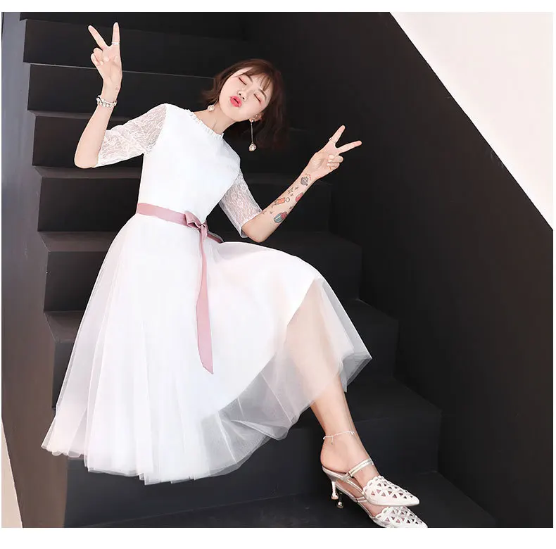 

Plus Size 3XL Elegant White Bridemaid Dress Noble A-line Party Dress O-neck Slim Stage Show Dress Mesh Celebrity Dress