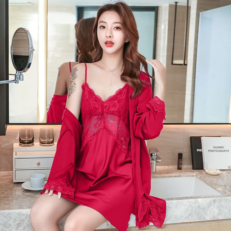 2021 New Spring Summer Ice Silk Nightdress Women's Sexy Sling Nightgown Robe Sets Lace 2Pcs Suit Silk Home Wear Sleepwear