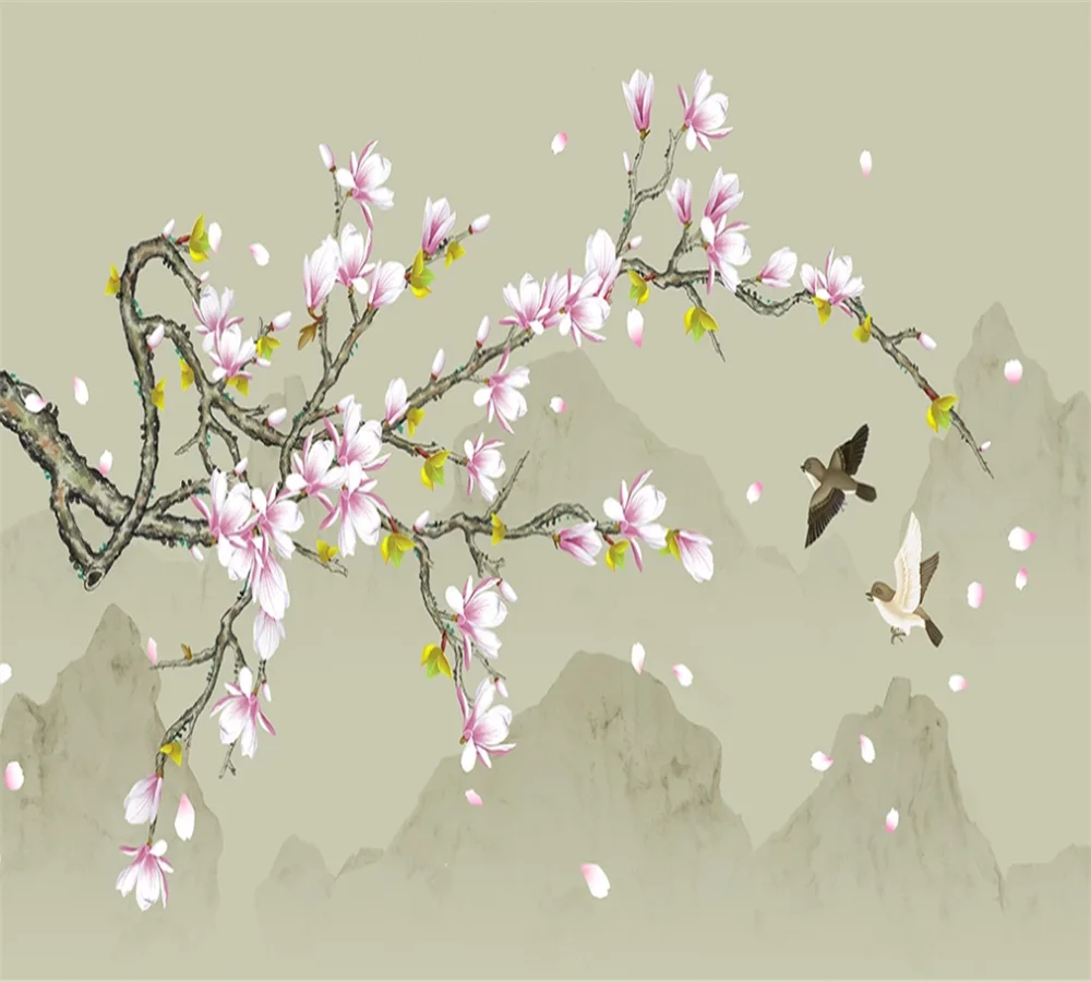 3D-обои на заказ роспись Магнолия Ручная цветы и птицы тщательные новый фон в