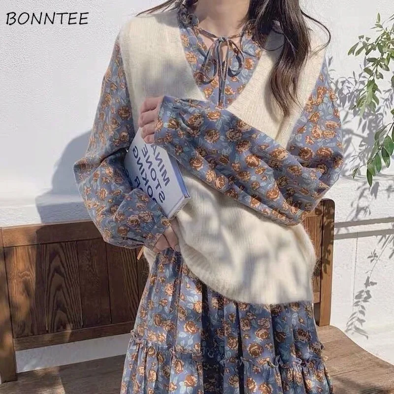

Women Sets 2 Piece V-Neck Vests Sweater Loose All-match A-Line Dress Floral Printed Retro Elegant New Fashion Temperament Lady