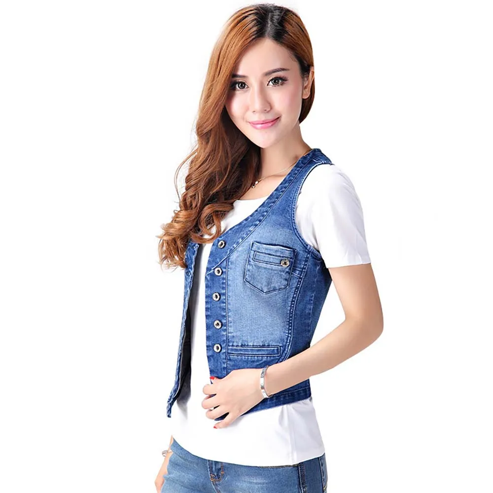 New Fashion Denim Vest Women Sleeveness Jeans Jacket Vest Casual Slim Summer Waistcoats V-Neck Big Size S-4XL