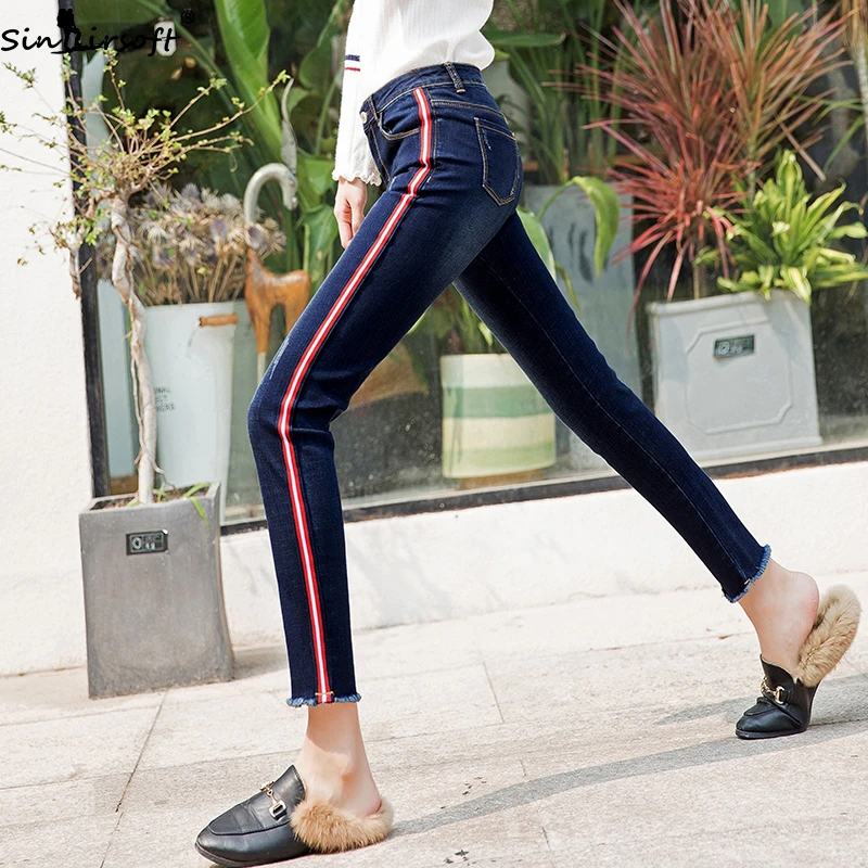 Осенние новые хлопковые мягкие высокие эластичные красные джинсы с лентой