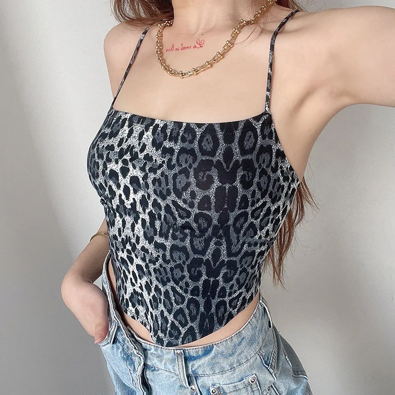 

Ins Trend Leopard Print Sexy Halter Cross Straps Slim-fit Exposed Umbilical Sling Vest 2021 Summer y2k top