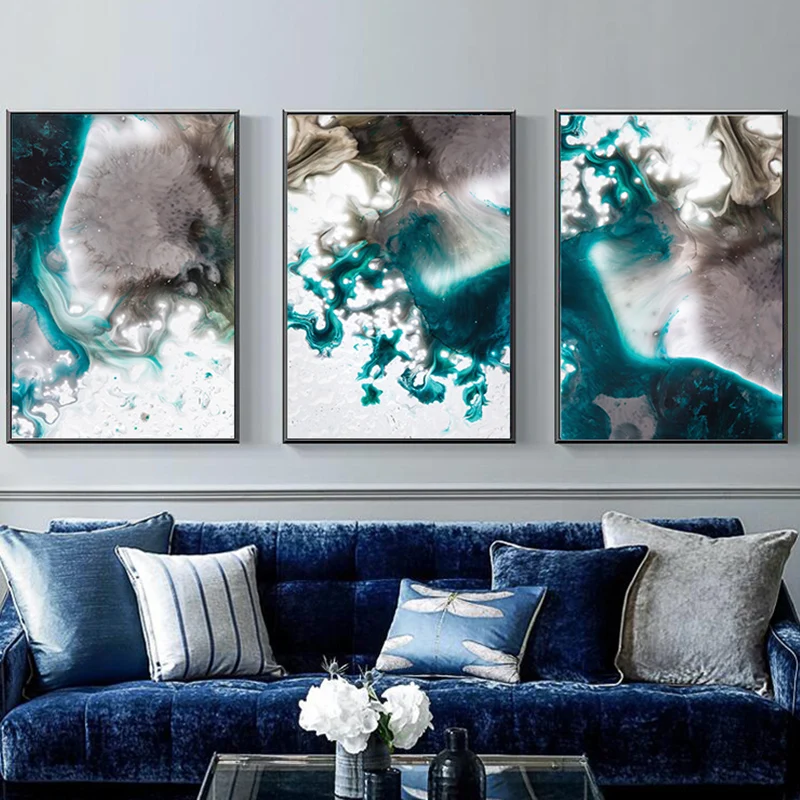 Mordern Abstract color spalsh blue golden Ink and white canvas painting poster print wall art pictures for living room bedroom | Дом и сад