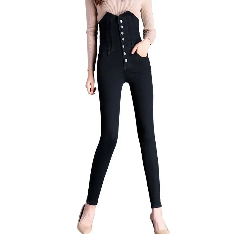 

Women's high waist Skinny Jeans trousers fashion Women Simple black blue Stretch Cotton casual jeans Pencil Denim Pants